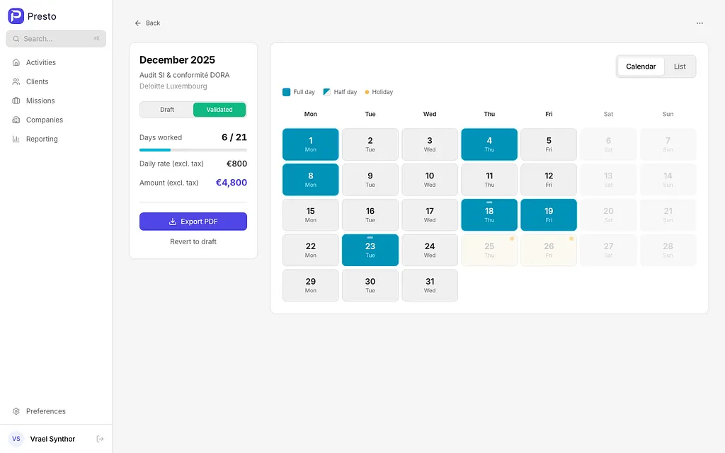 Presto Activity Report Editor — Calendar view with full days, half days, and holiday markers