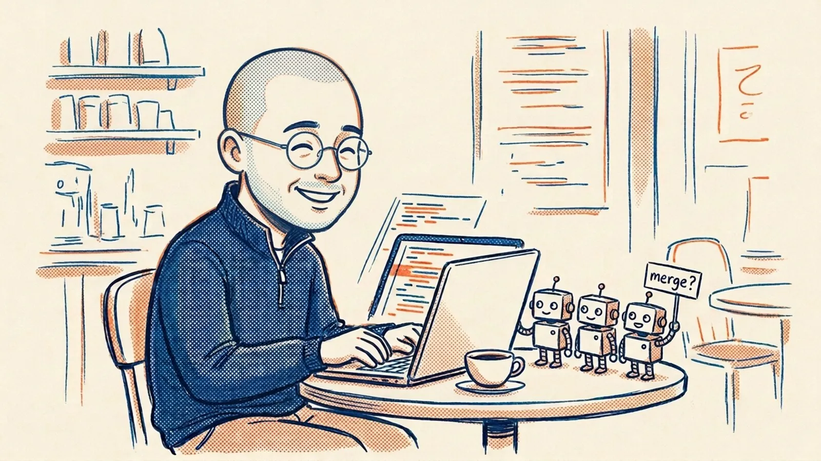 Two-ink cartoon of my Saturday ritual: at a café table, coffee at hand, I review the hygiene pull request on a laptop while three small robots wait beside it, one holding a sign that asks "merge?"