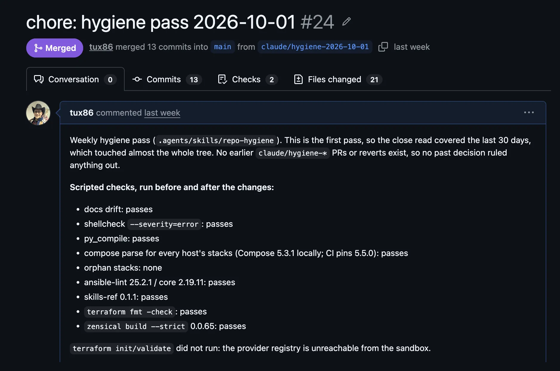 The top of the first hygiene pull request on GitHub: merged, 13 commits from a claude/hygiene branch, and the list of scripted checks it ran before and after its changes, from docs drift to ansible-lint and terraform fmt, all passing