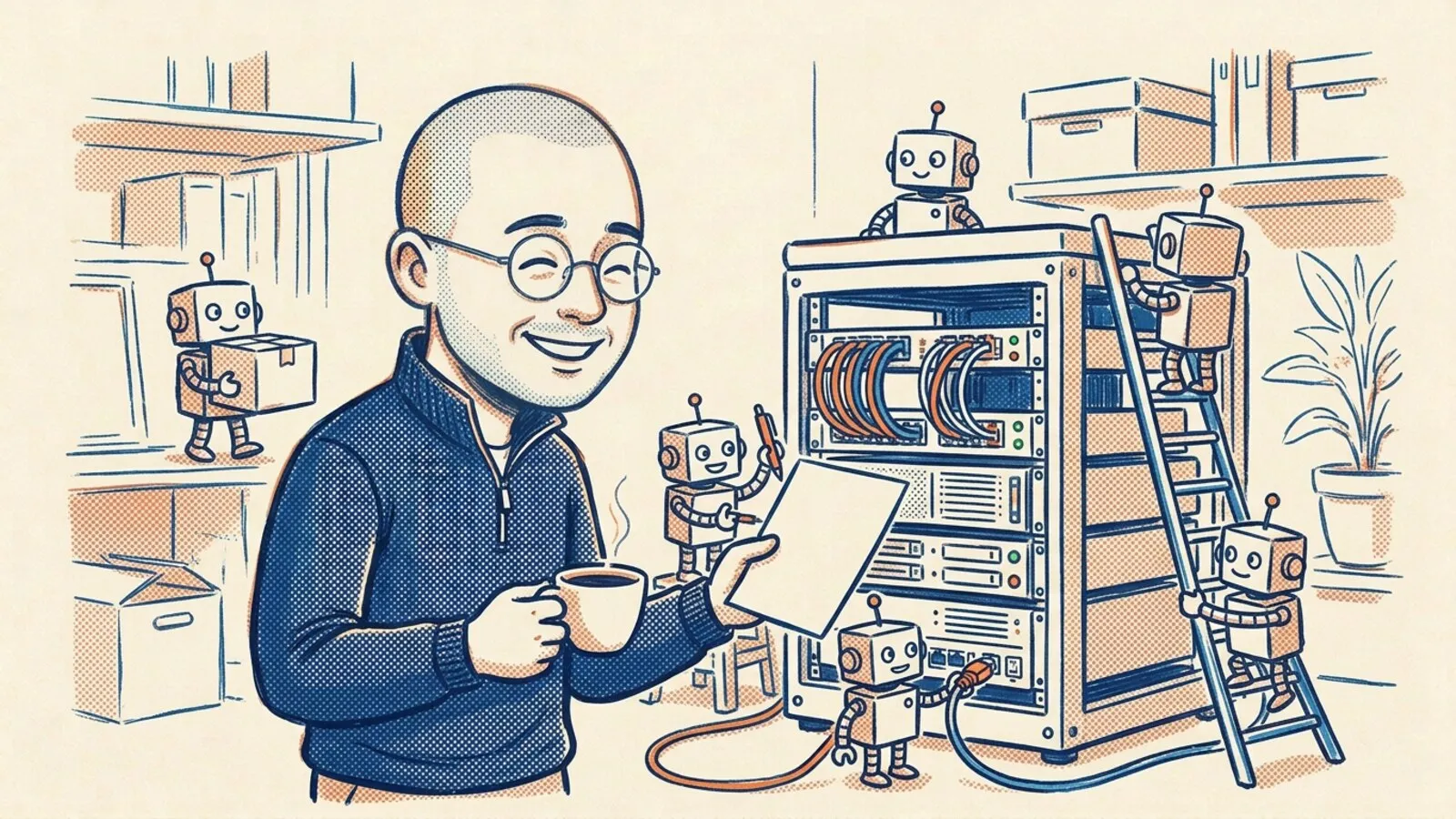 Two-ink cartoon of me with a coffee next to a small home server rack, smiling, while small robots work on it: one plugs in a cable, one carries a box, one climbs a ladder, one hands me a sheet to sign